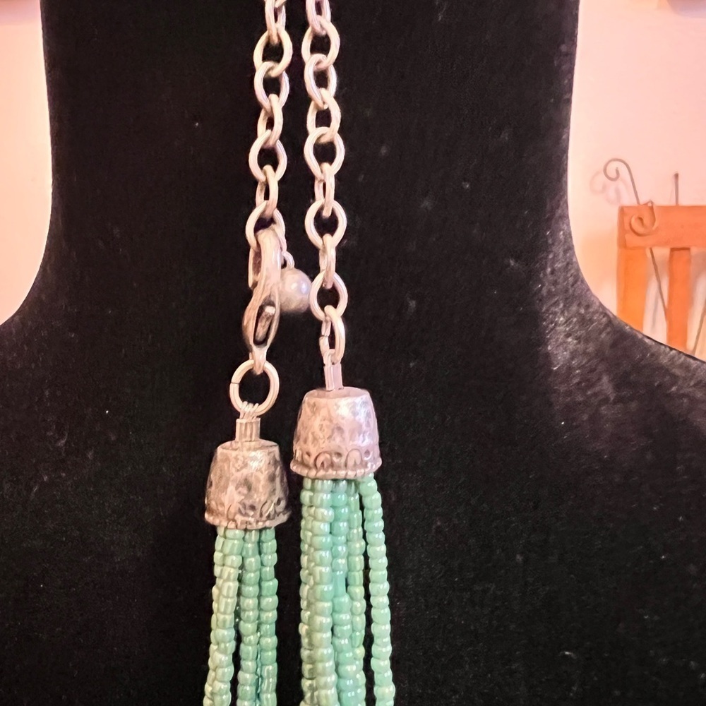 Multi-Strand Green Beaded Necklace – Aventurine Pendant with Leaf Charm - Picture 3 of 4